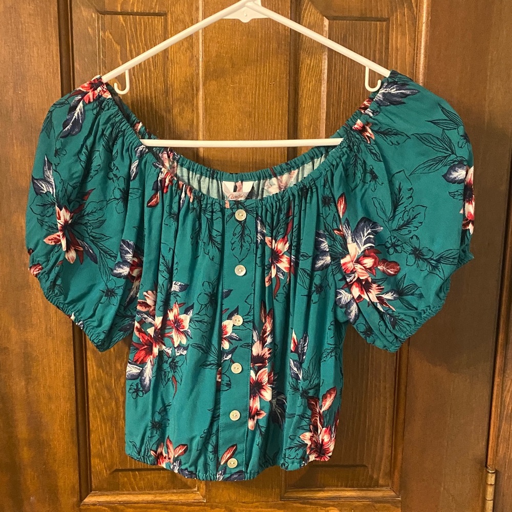 Candie's Teal and Red Floral Button-Up Crop Top